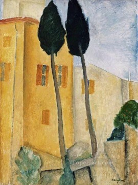 糸杉の木と家 1919 年 アメデオ モディリアーニ Oil Paintings